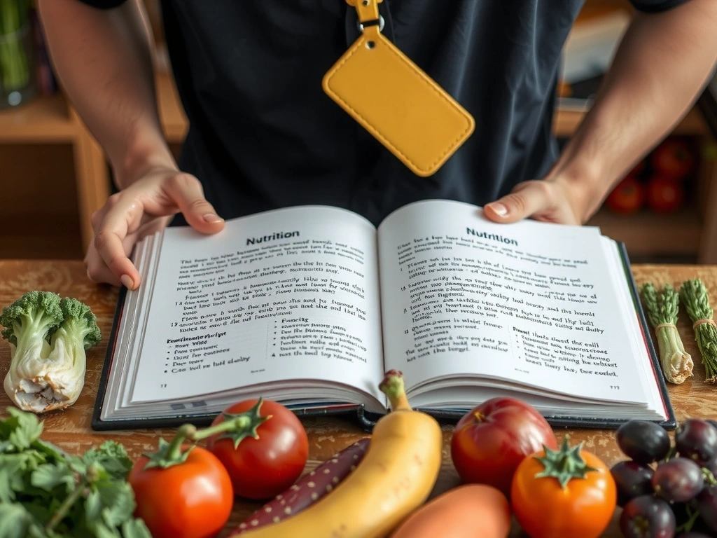 Una persona leyendo un libro abierto sobre nutrición, con frutas y verduras frescas al lado, en un ambiente de aprendizaje tranquilo.