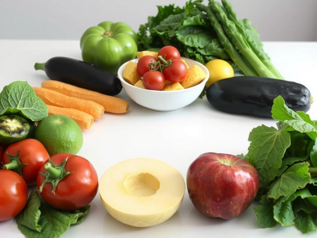 Una mesa llena de alimentos frescos y coloridos como frutas, verduras, granos y proteínas magras, dispuestos de forma atractiva.