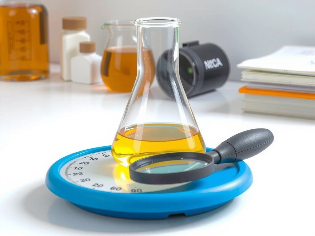 Una balanza de laboratorio con un vaso de precipitados y una lupa, simbolizando la evaluación y el análisis detallado.
