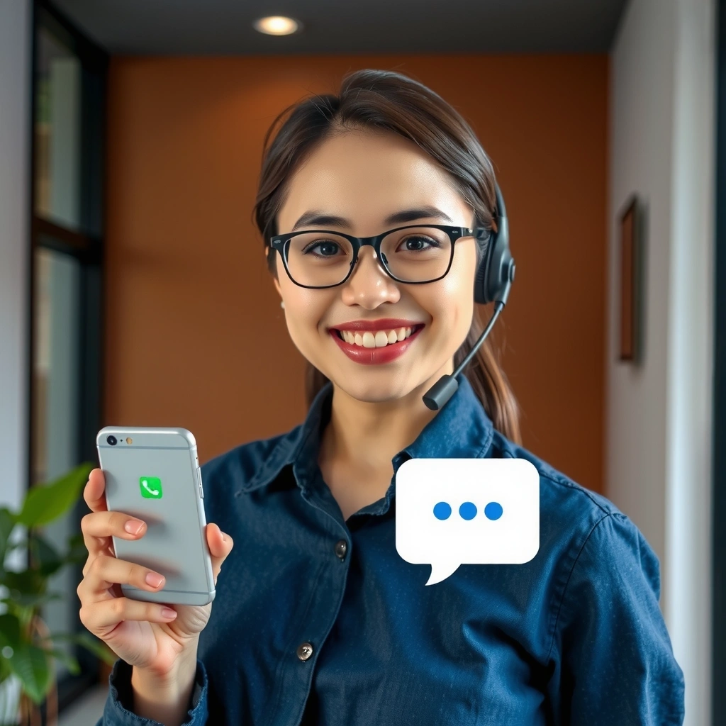 Persona sonriendo y usando un teléfono para contactar