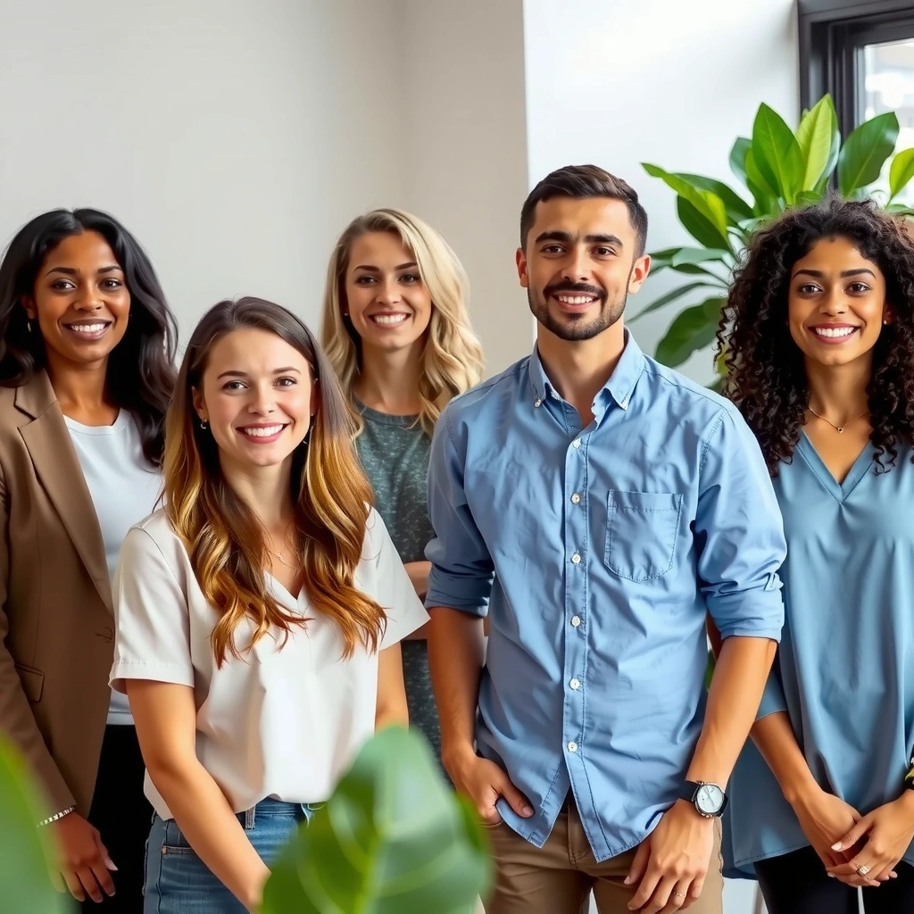 Equipo de nutricionistas y expertos en salud natural sonriendo en un entorno moderno y acogedor