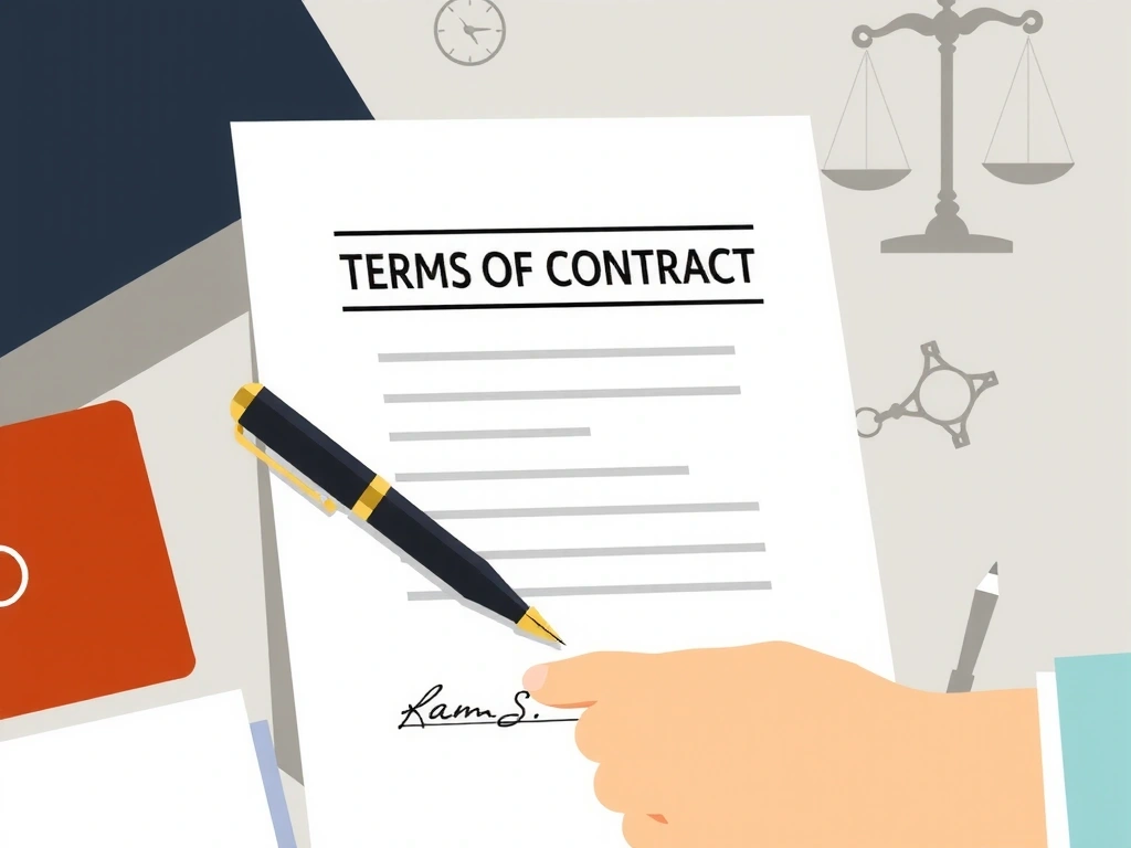 Ilustración de un contrato o documento legal con un bolígrafo y una mano firmando.