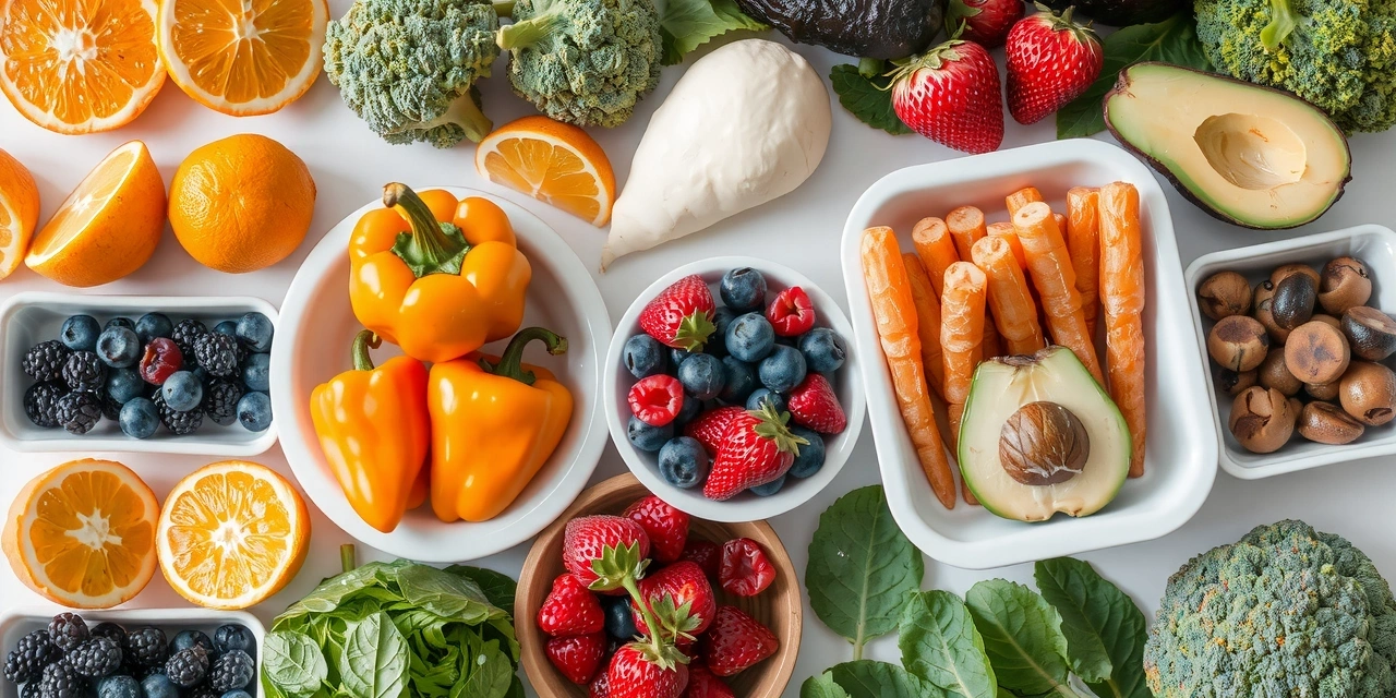 Collage de frutas y verduras ricas en vitaminas